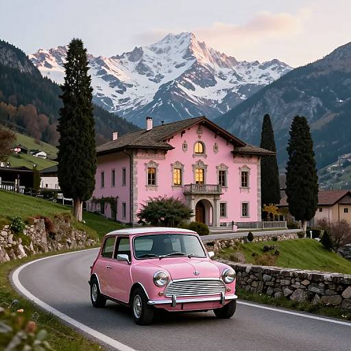 Photograph of a pink vintage Volkswagen Beetle driving on a winding road past a pink house with a mountainous snowy peak in the background.