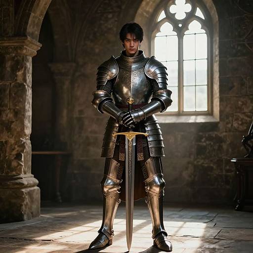 Photograph of a serious, dark-haired man in shiny medieval armor, standing in a dimly lit stone castle room, gripping a sword in front of