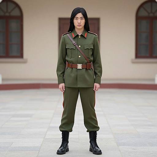 Photograph of an East Asian woman with long black hair, wearing a green military uniform with red epaulettes and brown belt, standing in front