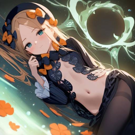 Anime Girl Lying on Bed in Black and Orange Outfit