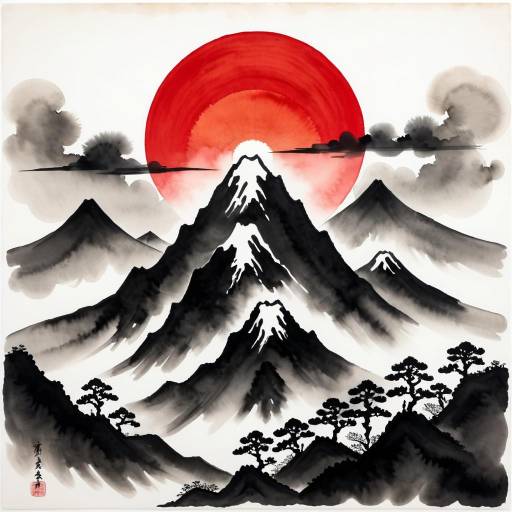 Traditional Japanese Ink Wash Mountain with Red Sun