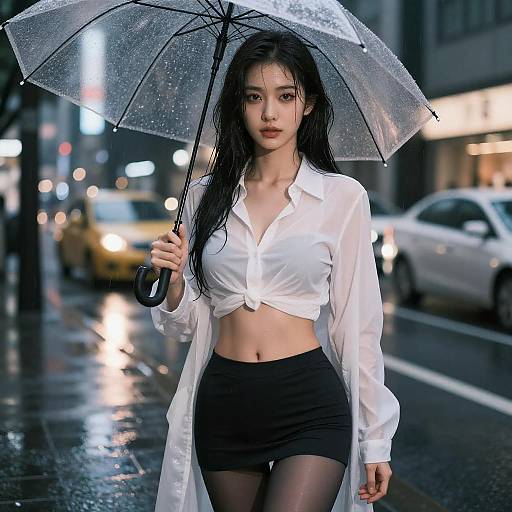 Young Woman with Umbrella in Rainy Tokyo