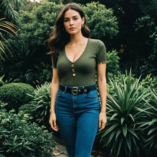 Woman in Olive Green Top and Blue Jeans in Garden