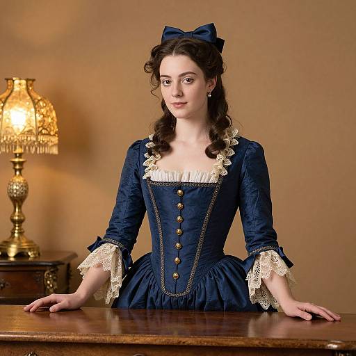 Photograph of a pale-skinned woman with dark wavy hair, wearing a navy blue Victorian-era dress with white lace trim, seated at a wooden