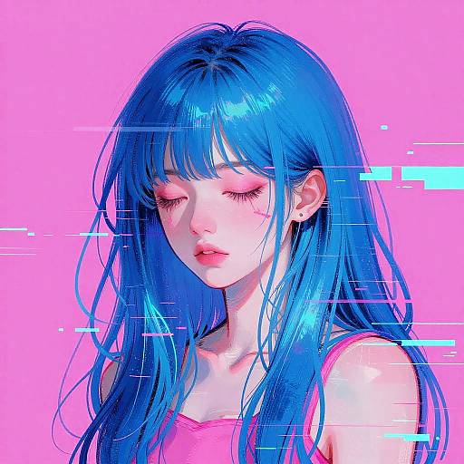 Electric Blue Hair Glitch Art Girl