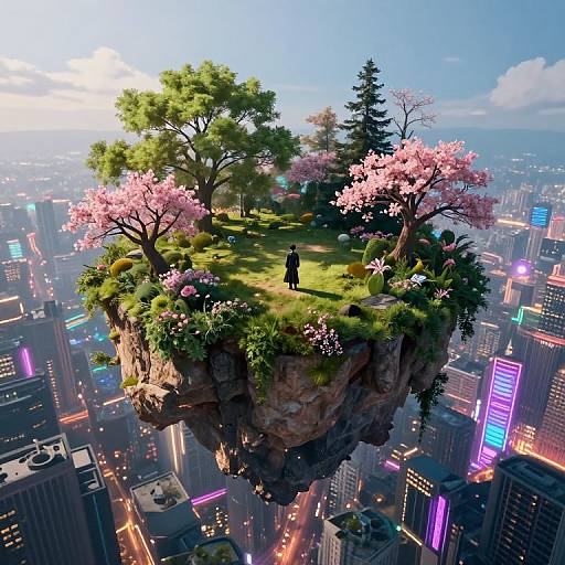 Digital art: Floating island with lush green grass, pink cherry blossoms, trees, and a lone figure in black, above a neon-lit city