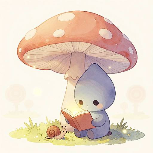 Teardrop-Head Alien Reading Under Mushroom