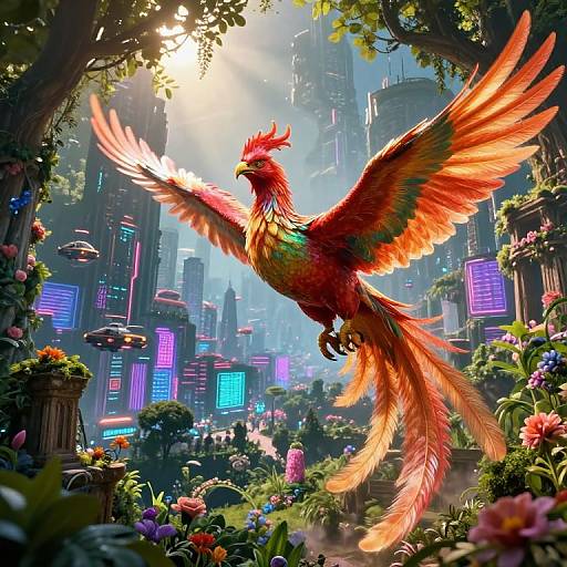 Digital fantasy artwork of a vibrant red phoenix with orange and yellow feathers, soaring in a futuristic garden city with glowing neon buildings and sunlight filtering through trees.