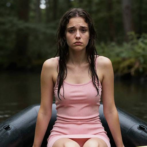 Sad Woman in Pink Dress on Raft