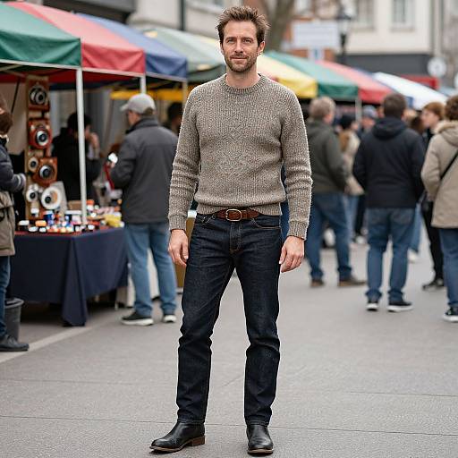 Photograph of a bearded man with short brown hair, wearing a gray knit sweater, black jeans, and brown belt, standing confidently in front of