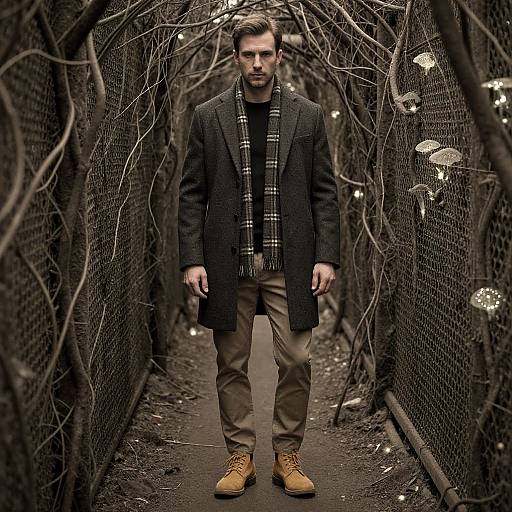 Photograph of a serious man in a dark blazer, plaid scarf, beige pants, and brown boots, standing in a narrow, dimly