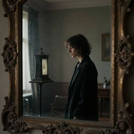 Photograph of a woman with curly hair, wearing a dark coat, gazing at a vintage lantern in a dimly lit, ornate room reflected