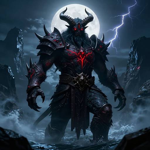 Digital illustration of a demonic, horned warrior with black armor, red glowing eyes, and a red heart symbol, standing in front of a full moon