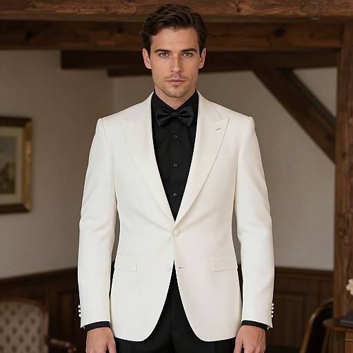Photograph of a handsome man with dark hair, wearing a white tuxedo jacket, black shirt, and bow tie, standing in a rustic,