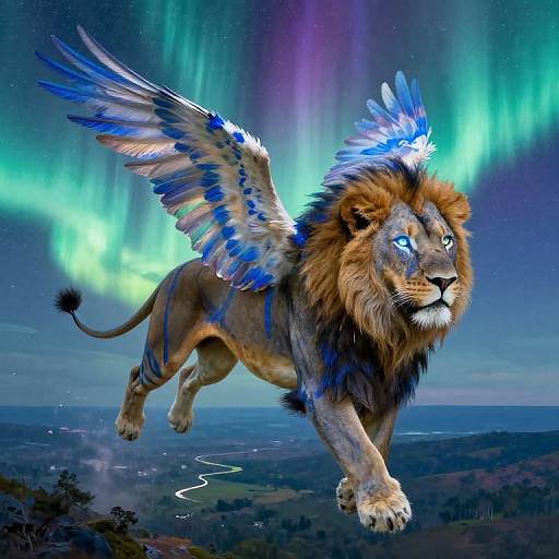 Digital artwork: A majestic lion with glowing blue eyes and vibrant blue and white feathered wings soars against a backdrop of colorful northern lights.