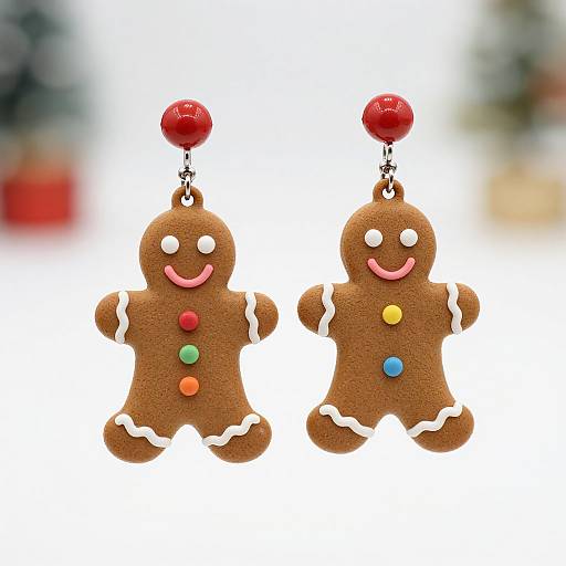 Photograph of two brown gingerbread cookie earrings with white icing, red, yellow, and green buttons, and red balls on top.