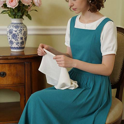 Photograph of a young woman with curly brown hair, wearing a teal dress over a white blouse, sewing a white fabric. Background includes a wooden table
