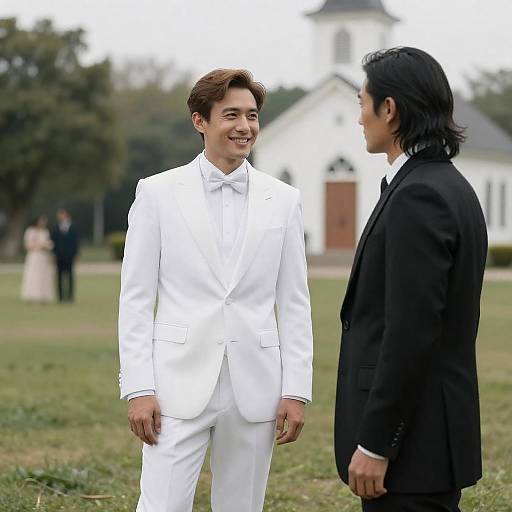 Smiling Men by Church on Lawn