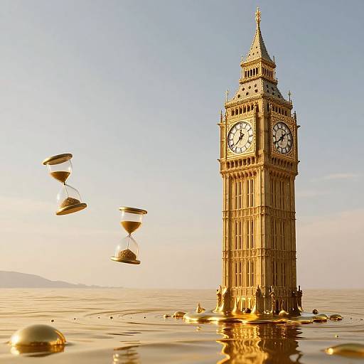 Photograph of Big Ben clock tower rising from water, with three floating hourglasses to the left, under a golden sunset sky.