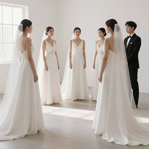 Five Brides in Veils with Tuxedoed Man