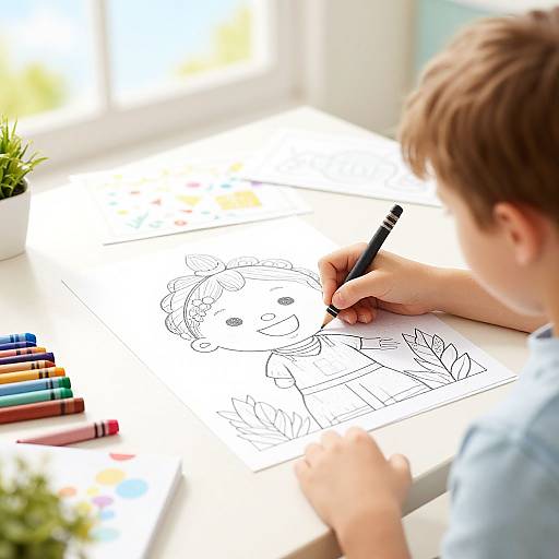Photograph of a boy with light brown hair, wearing a blue shirt, drawing a smiling cartoon character with a marker on white paper, surrounded by colorful