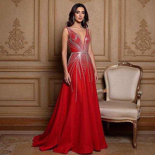 Photograph of a dark-haired woman in a red, deep V-neck gown with sparkling embellishments, standing in an ornate, beige-walled room