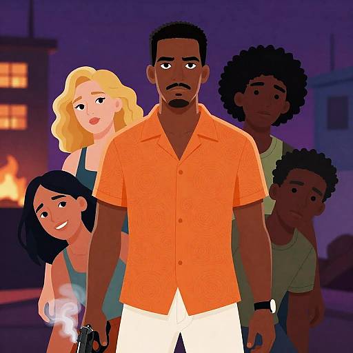 Man Holding Smoking Gun Surrounded by Four People