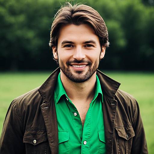 Smiling Young Man in Green Shirt and Brown Jacket Outdoors