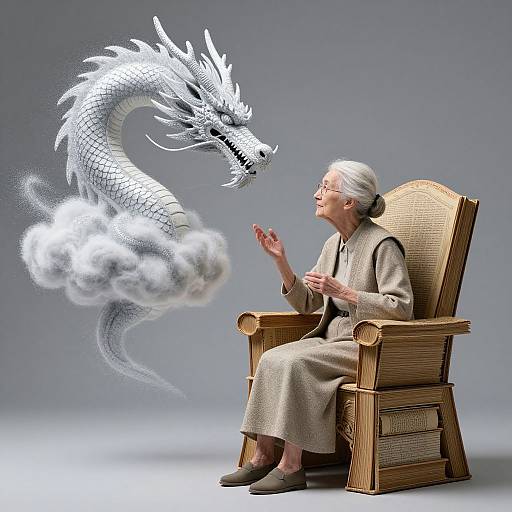 Photograph of an elderly woman with white hair, wearing a beige suit, seated in a wooden chair, hands raised, facing a white, ethereal