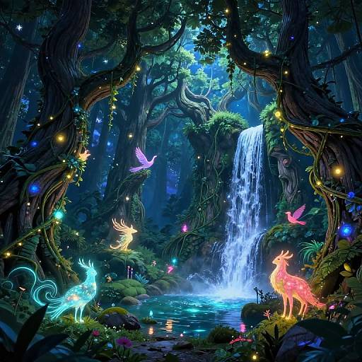 Vibrant digital fantasy forest scene with glowing fireflies, colorful unicorns, and a cascading waterfall, surrounded by lush, dark trees.