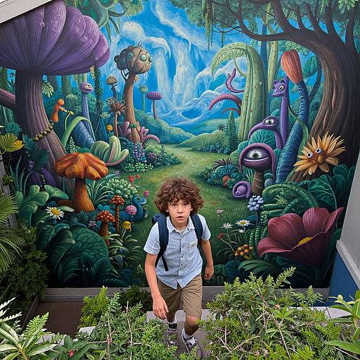 Photograph of a curly-haired boy in a white shirt and backpack walking through a vibrant, colorful, fantastical forest mural with oversized mushrooms, plants,