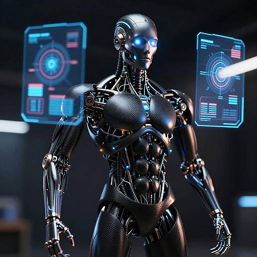 Photorealistic CGI of a sleek, blue-accented, male humanoid robot with glowing eyes, standing in a dark lab with holographic interfaces.
