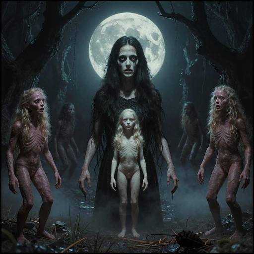 Digital artwork: Dark forest at night, full moon behind eerie woman with long black hair, holding naked, skeletal child, flanked by three nude,