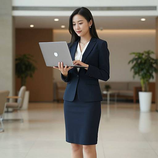 Photograph of an Asian woman in a black suit and knee-length skirt, holding a silver MacBook in a modern, brightly lit office with potted plants
