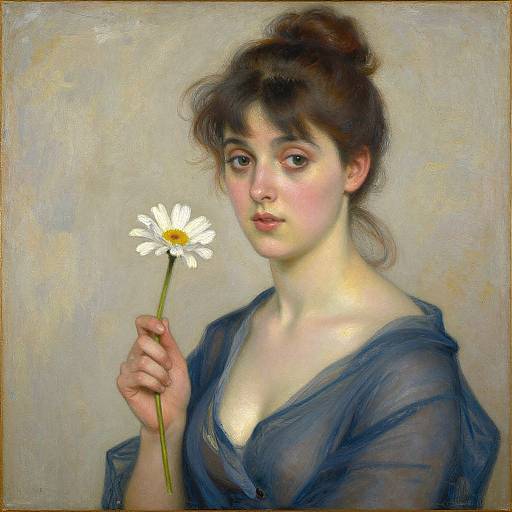 Realistic oil painting of a young woman with fair skin, brown hair in a bun, holding a white daisy, wearing a sheer blue top,
