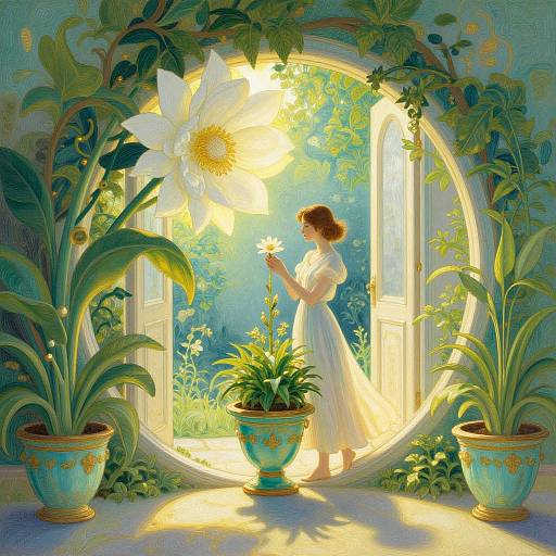Digital artwork of a woman in a white dress holding a white flower, standing in a sunlit archway surrounded by large potted plants and giant l