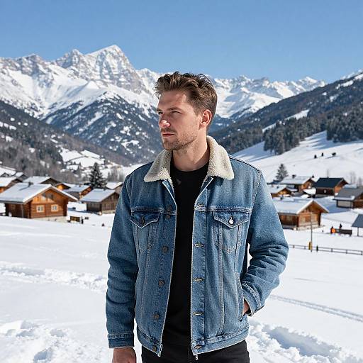 Photograph of a handsome, bearded man in a denim jacket with shearling collar, standing in a snowy mountain village. Snow-capped peaks and