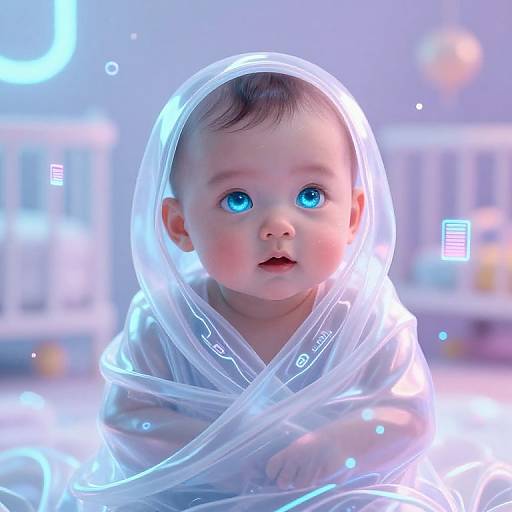 Digital artwork of a baby with glowing blue eyes, wrapped in a translucent, glowing white plastic hood, in a softly lit, dreamy nursery.