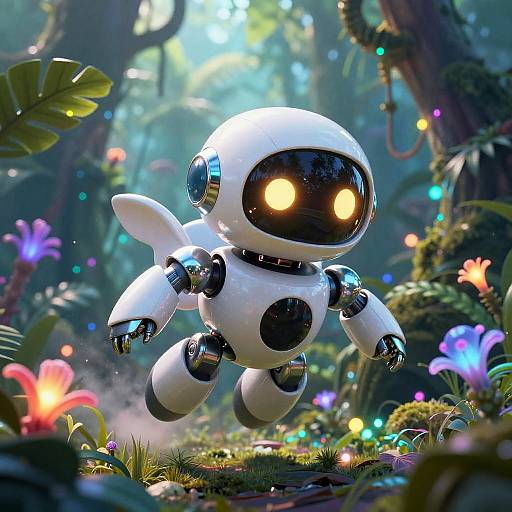 Digital CGI image of a glowing, white, futuristic robot with yellow eyes flying through a lush, colorful, enchanted forest.
