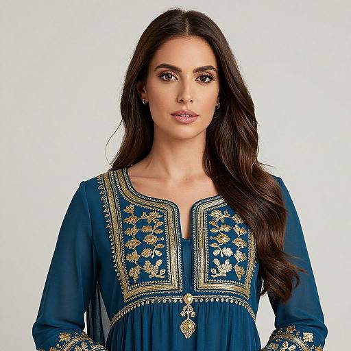 Woman in Blue Embroidered Dress