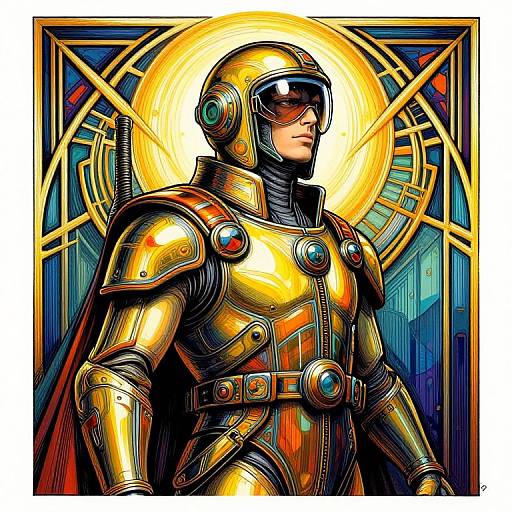 Digital comic-style illustration of a golden armored superhero with a glowing halo, wearing a helmet and visor, set against a vibrant stained glass background.