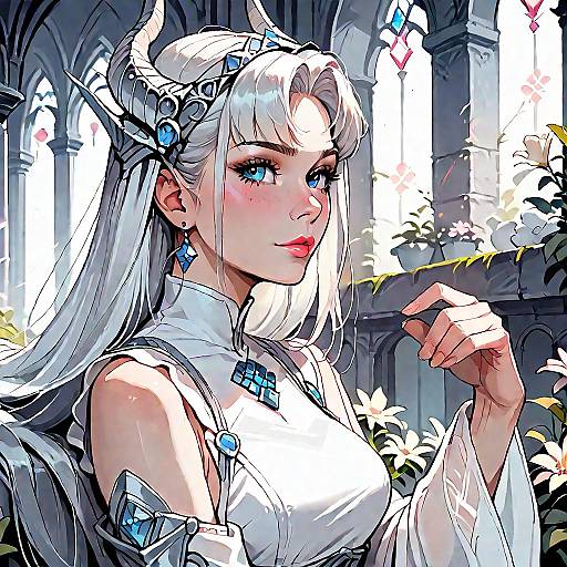 Anime Girl with White Hair and Horns in Castle Garden
