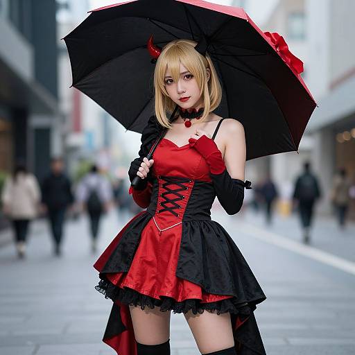 Photograph of a blonde woman in a red and black gothic dress with devil horns, holding a black umbrella on a blurred city street.