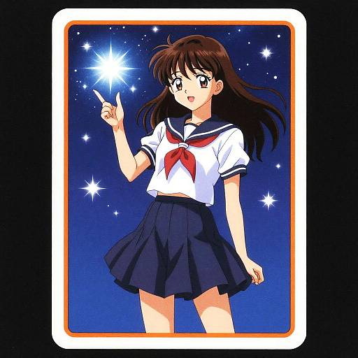 Anime-style illustration of a brown-haired girl in a white sailor uniform with red scarf, blue skirt, pointing at a bright star against a starry night