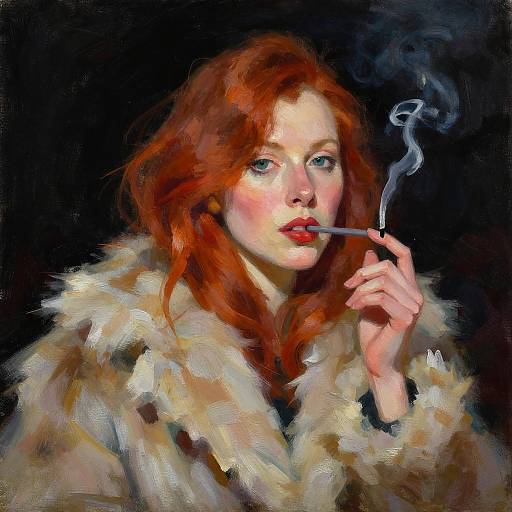 Digital painting of a red-haired woman with fair skin, smoking a cigarette, wearing a fur coat, against a dark background.