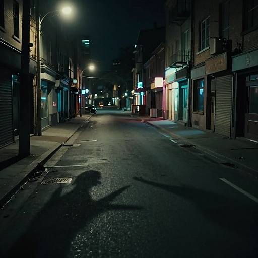 Nighttime photograph of a deserted, dimly-lit urban street with neon signs, closed storefronts, and a shadowy figure walking.