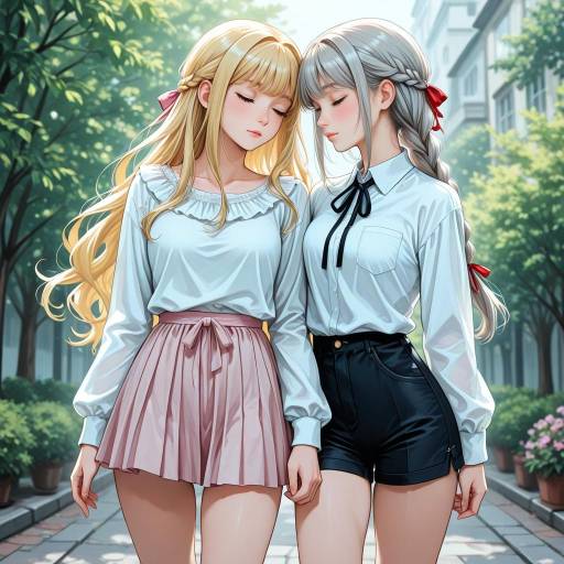 Blushing Girls with Colorful Hair Ribbons