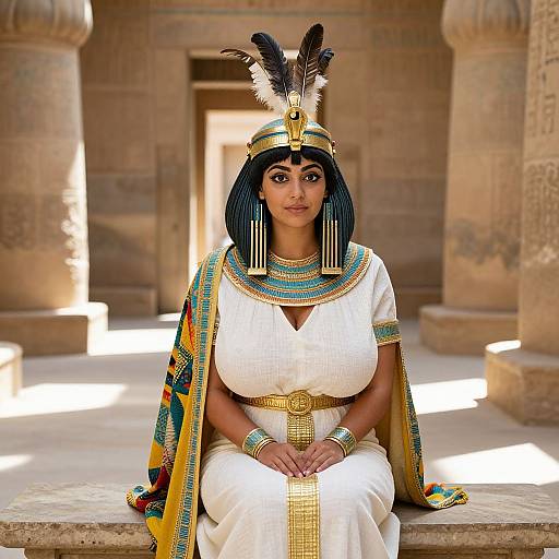 Photograph of an Egyptian woman with dark blue hair, large black and white headdress feathers, white dress, colorful sash, and gold jewelry,