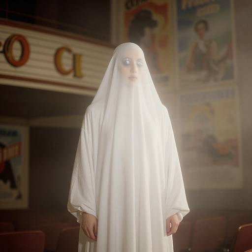 Photograph of a ghostly white figure in a flowing hooded robe, standing in a dimly lit theater with vintage posters on the walls.