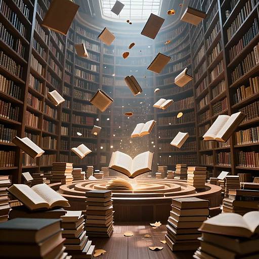 Magical library scene: Open books and glowing pages float mid-air around a central, radiant open book on a wooden platform, surrounded by stacks of books